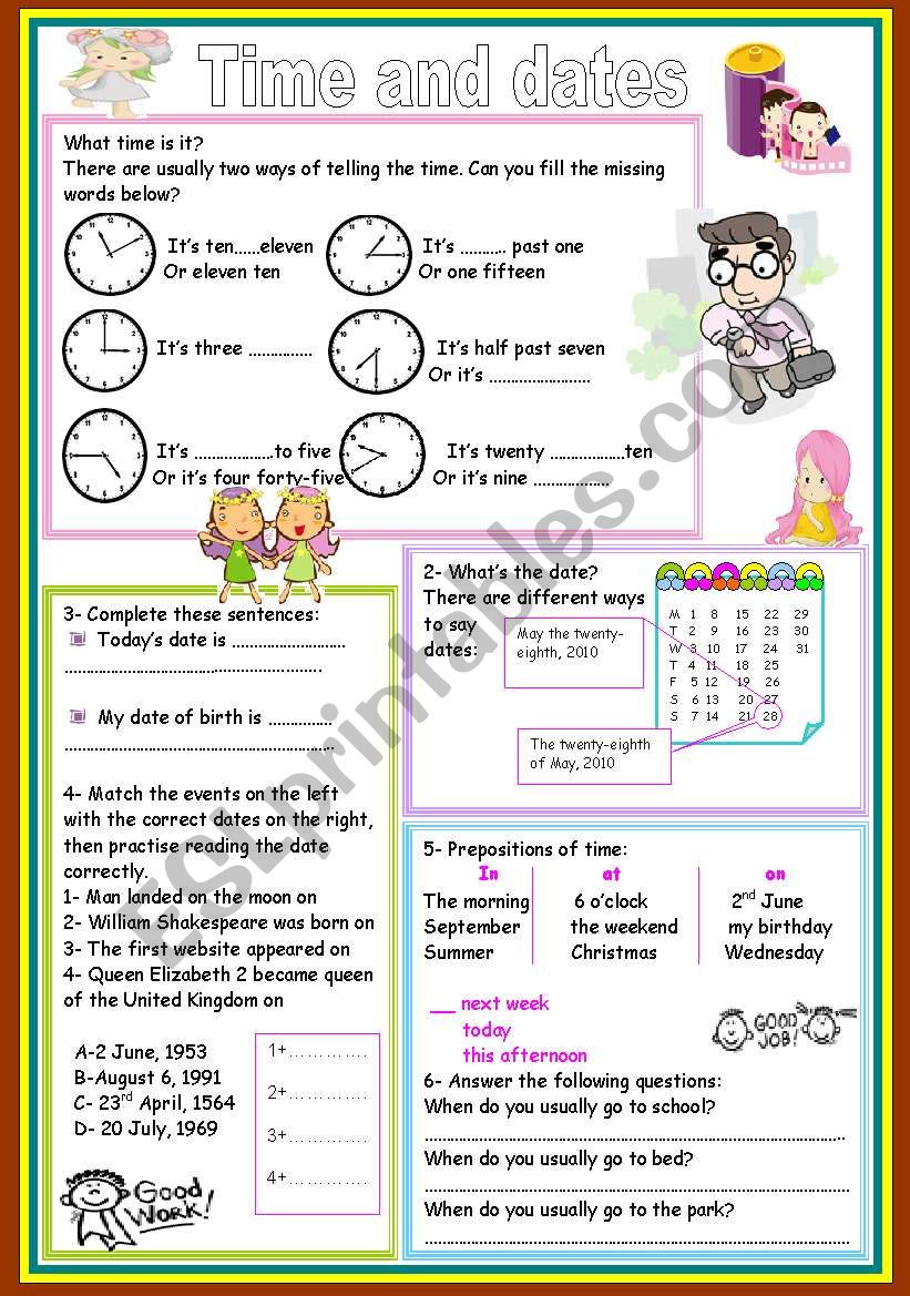 time and dates worksheet