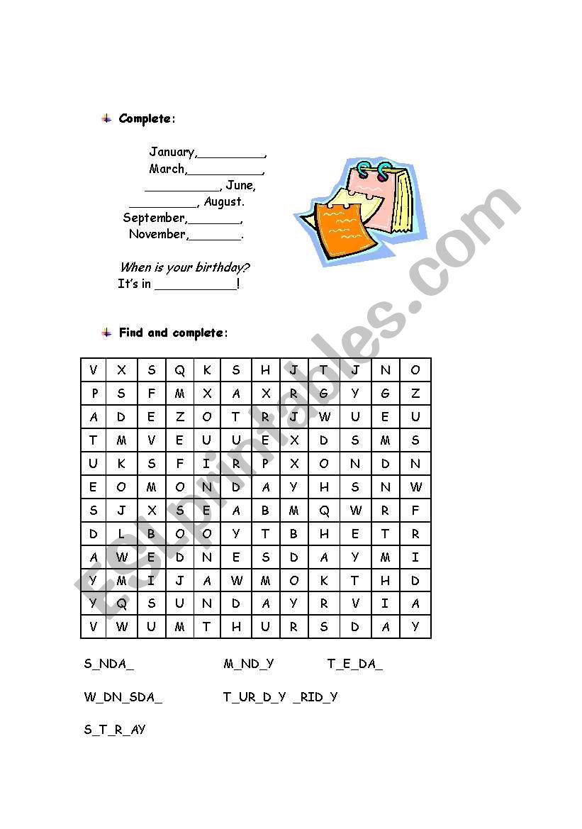 Days of the week and months worksheet