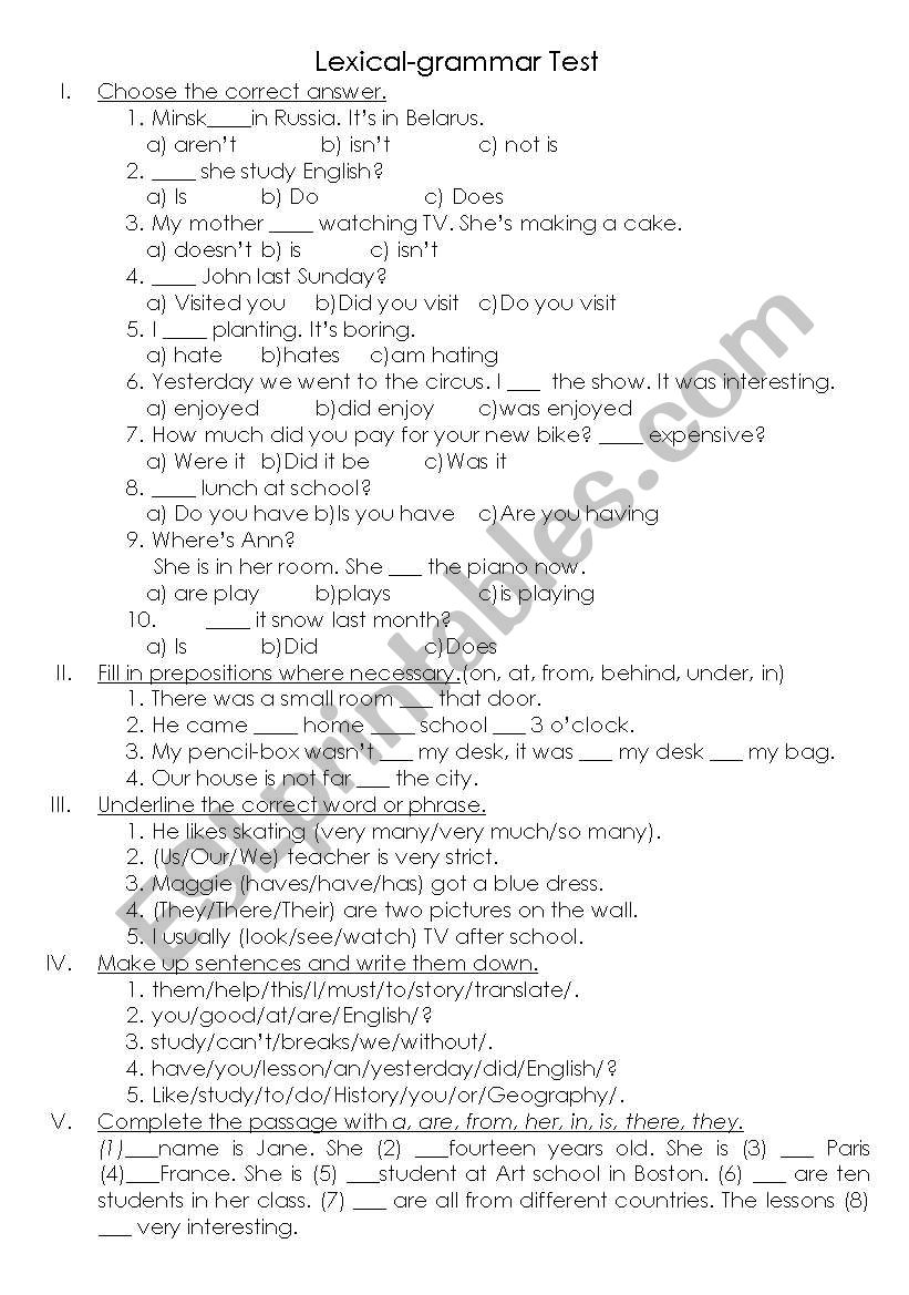 Lexical-grammar test worksheet