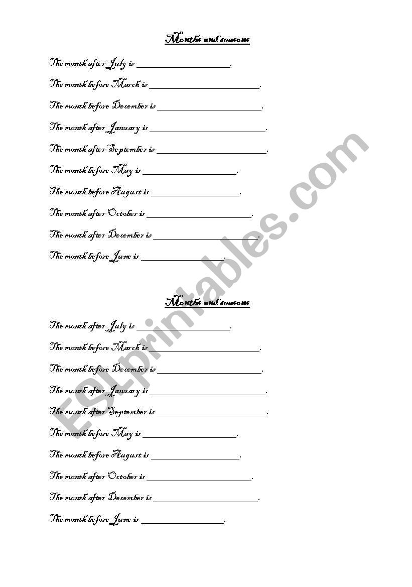 Months and seasons worksheet