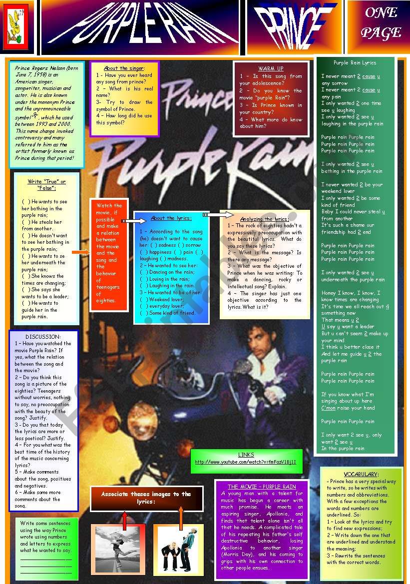 PURPLE RAIN - PRINCE - ONE PAGE