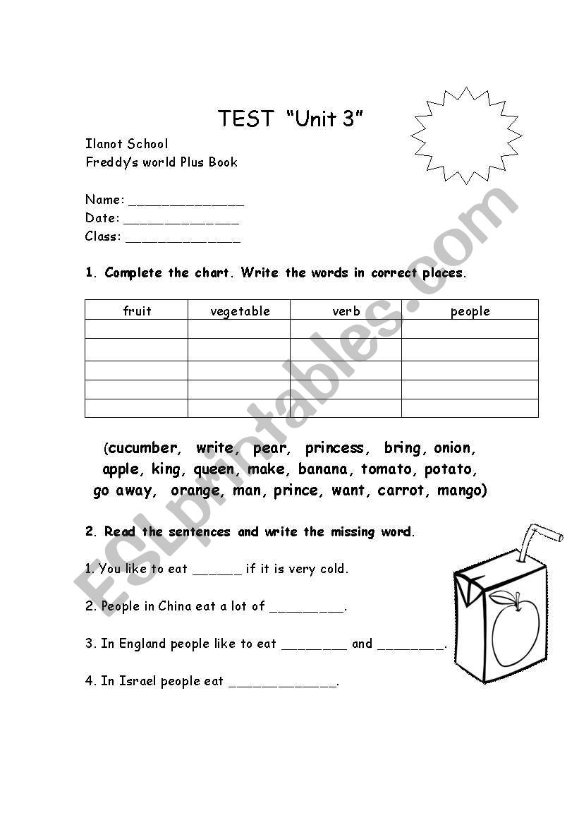 food and drinks test or worksheet