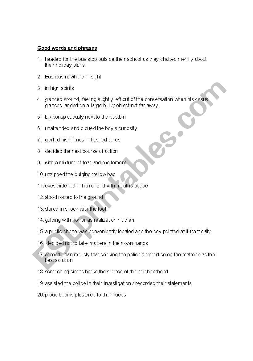 Good Words and phrases worksheet