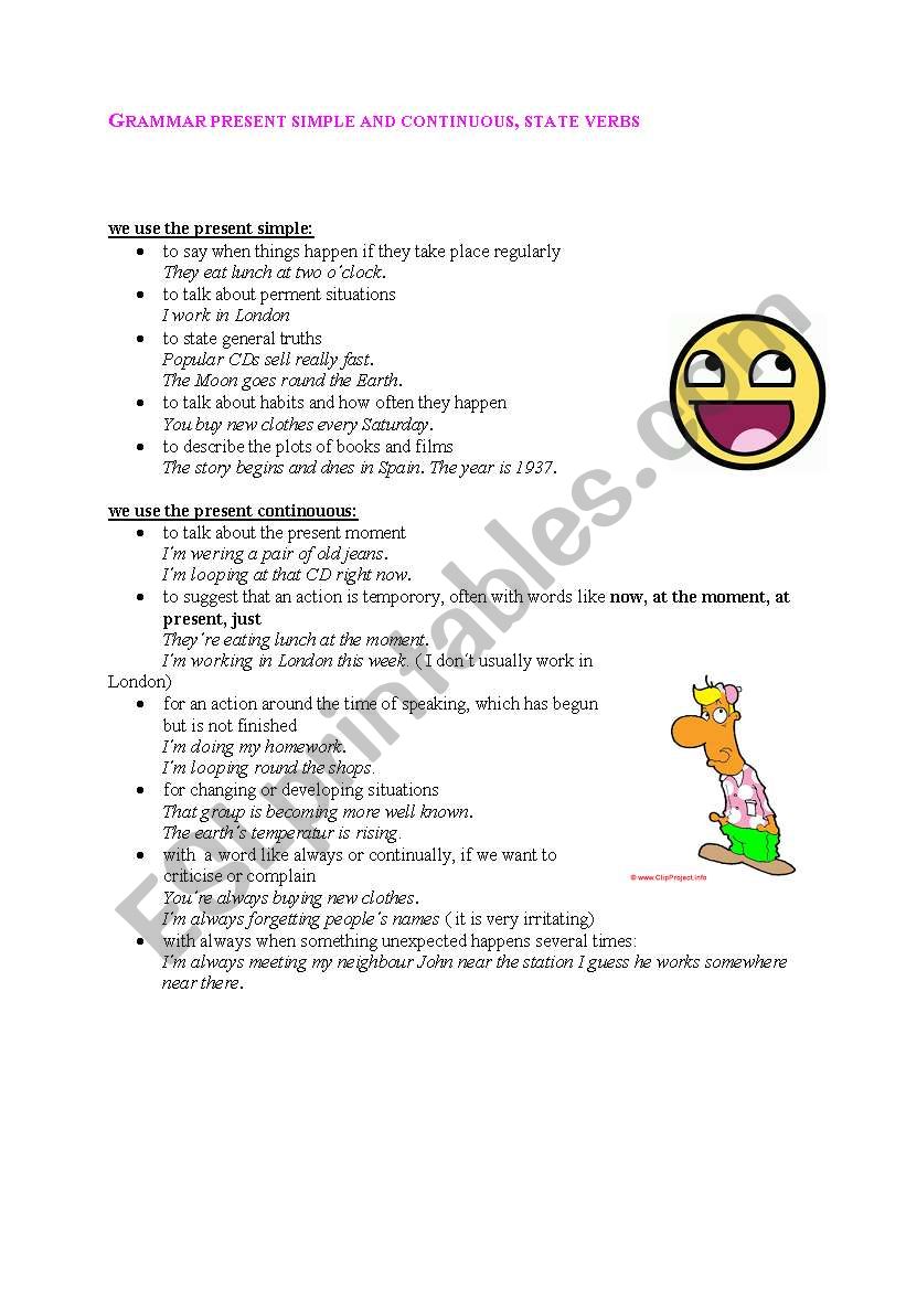 present tense, state verbs worksheet