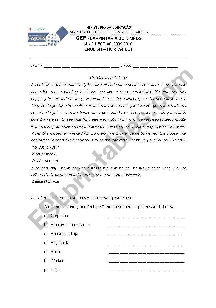 The carpenter story. worksheet