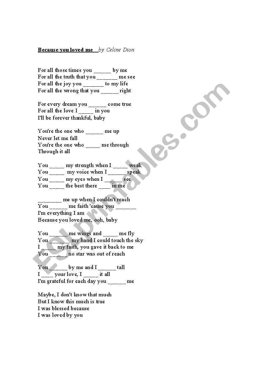 Because you loved me-song lyrics with gaps