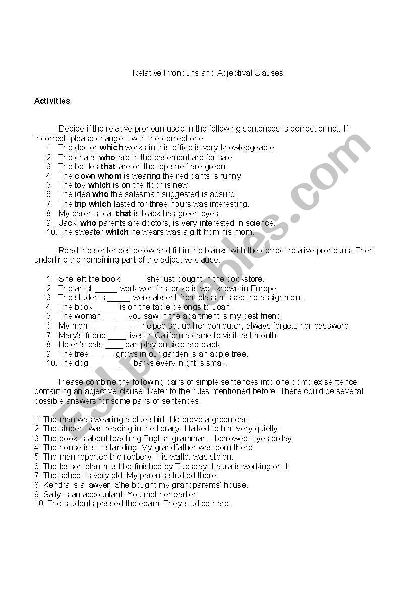 relative pronouns and adjectival clauses