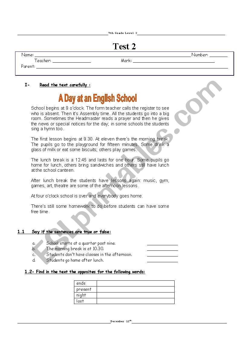 Daily Routine test 7th Grade worksheet