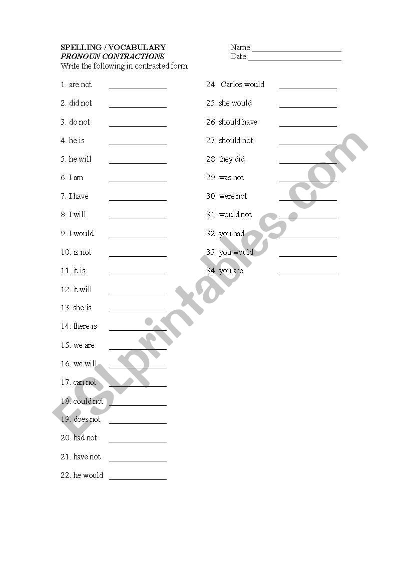 Contractions worksheet