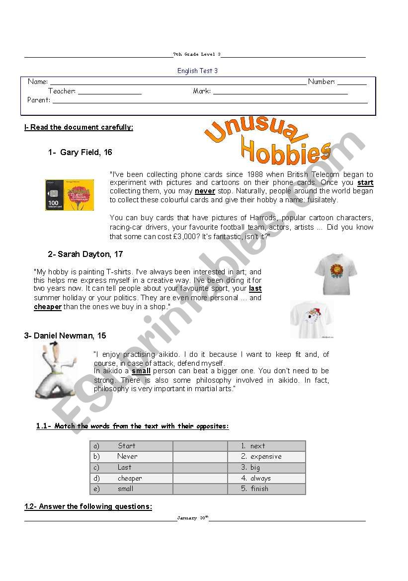 Hobbies Test worksheet