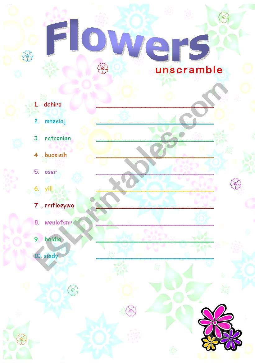 Flowers - unscramble words worksheet
