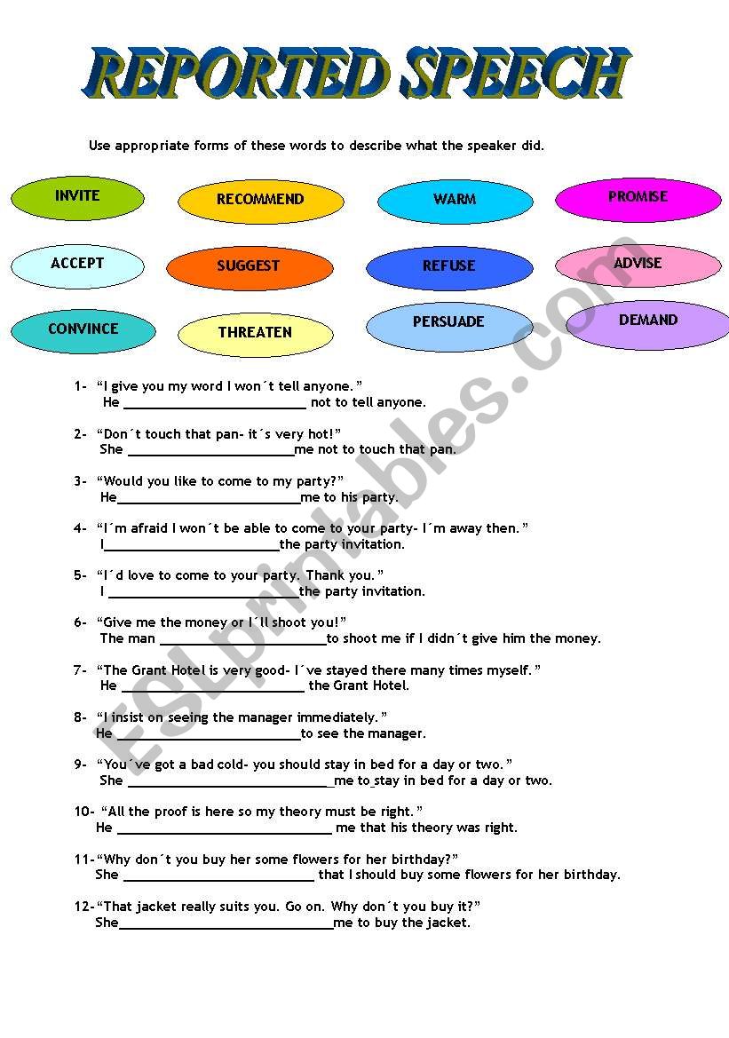 REPORTED SPEECH worksheet