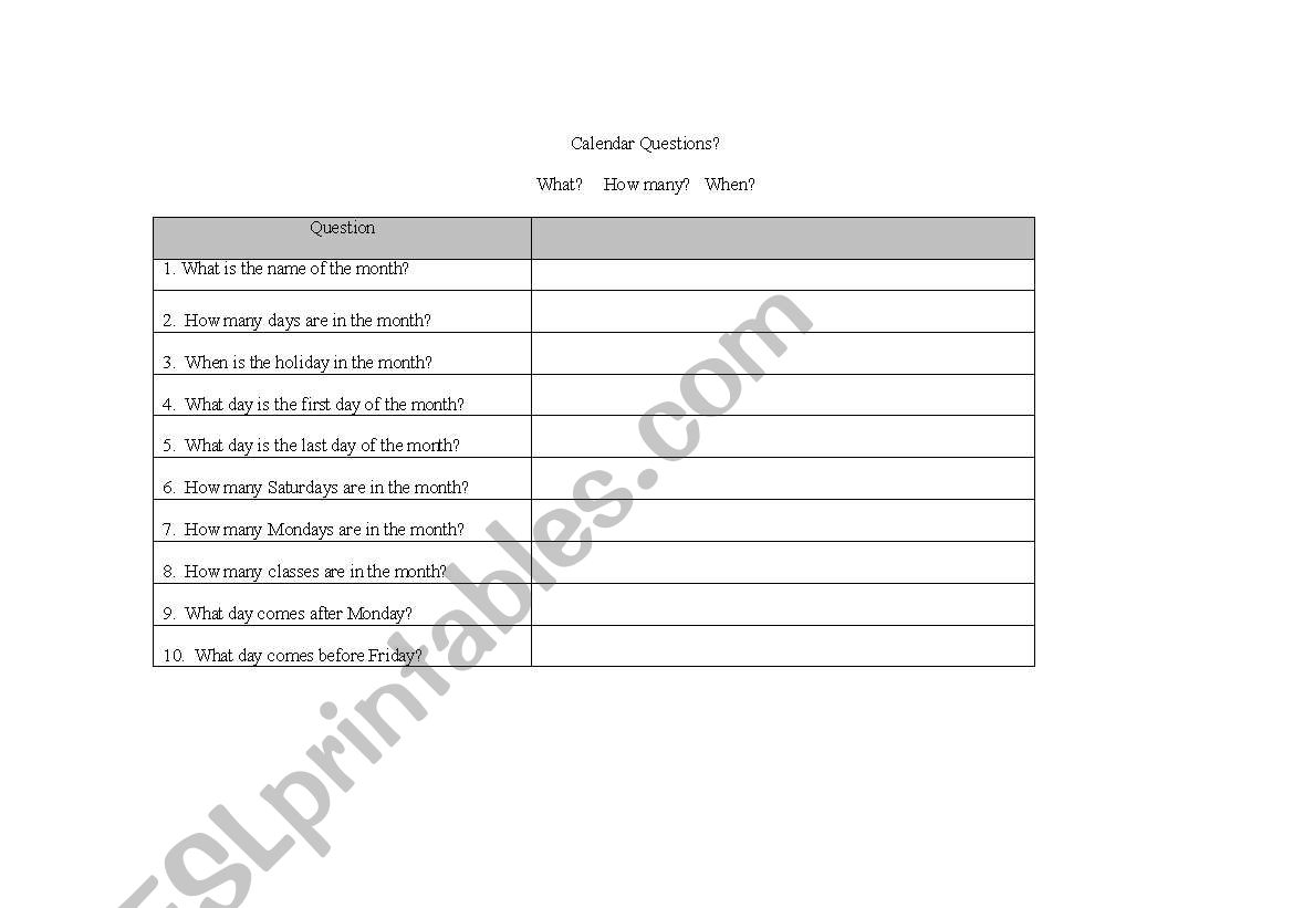 Monthly Calendar Questions worksheet