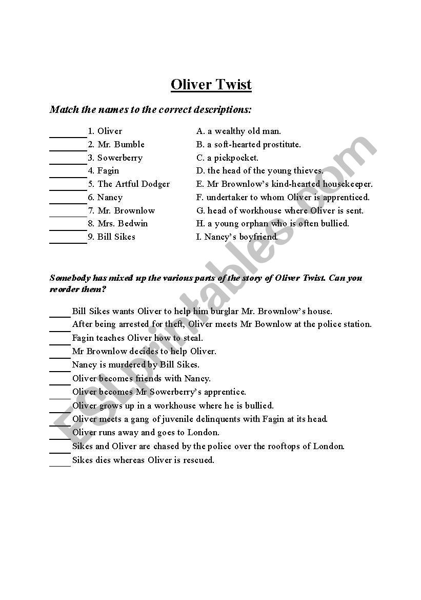 Oliver Twist Quiz worksheet