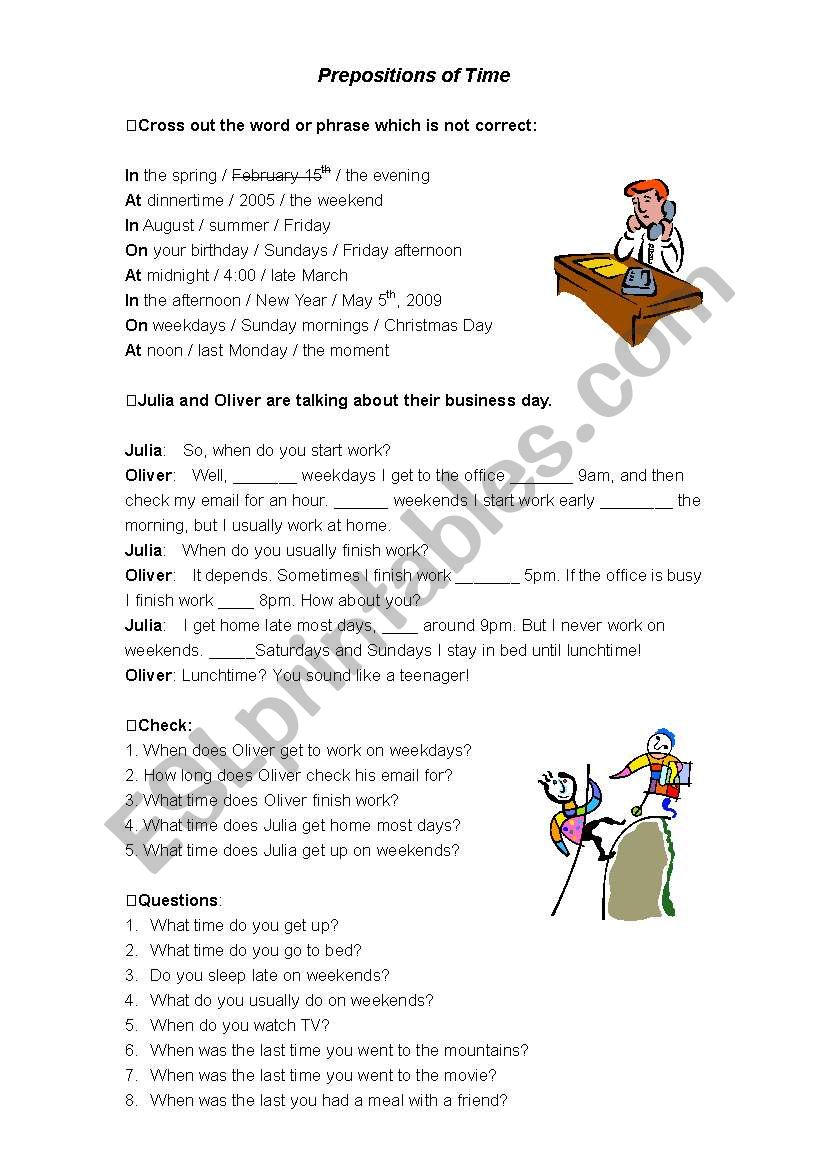 Prepositions of time worksheet