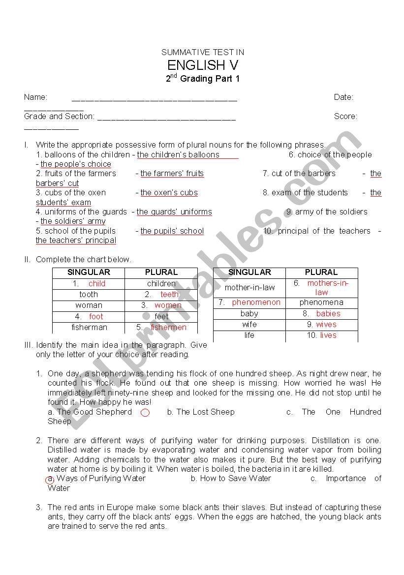 SINGULAR AND PLURAL NOUNS worksheet