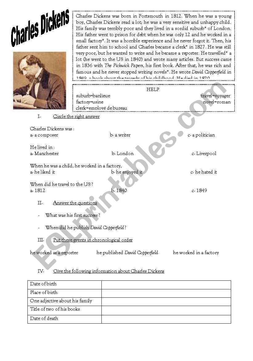 Dickens : a short biography worksheet