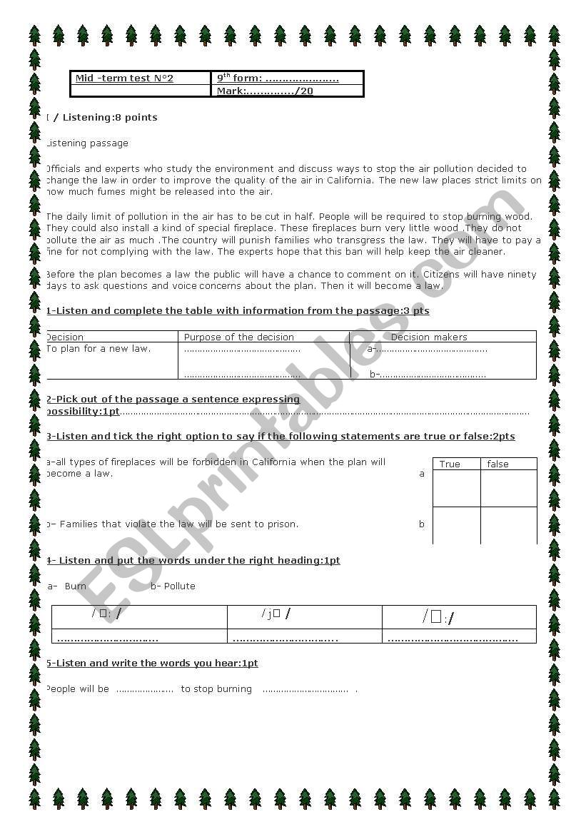 9th form mid-term test worksheet