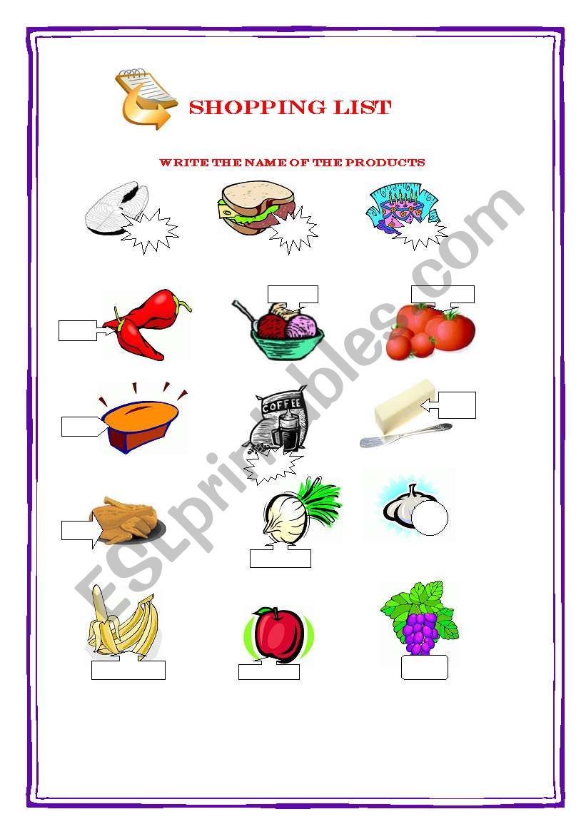 Shopping list worksheet