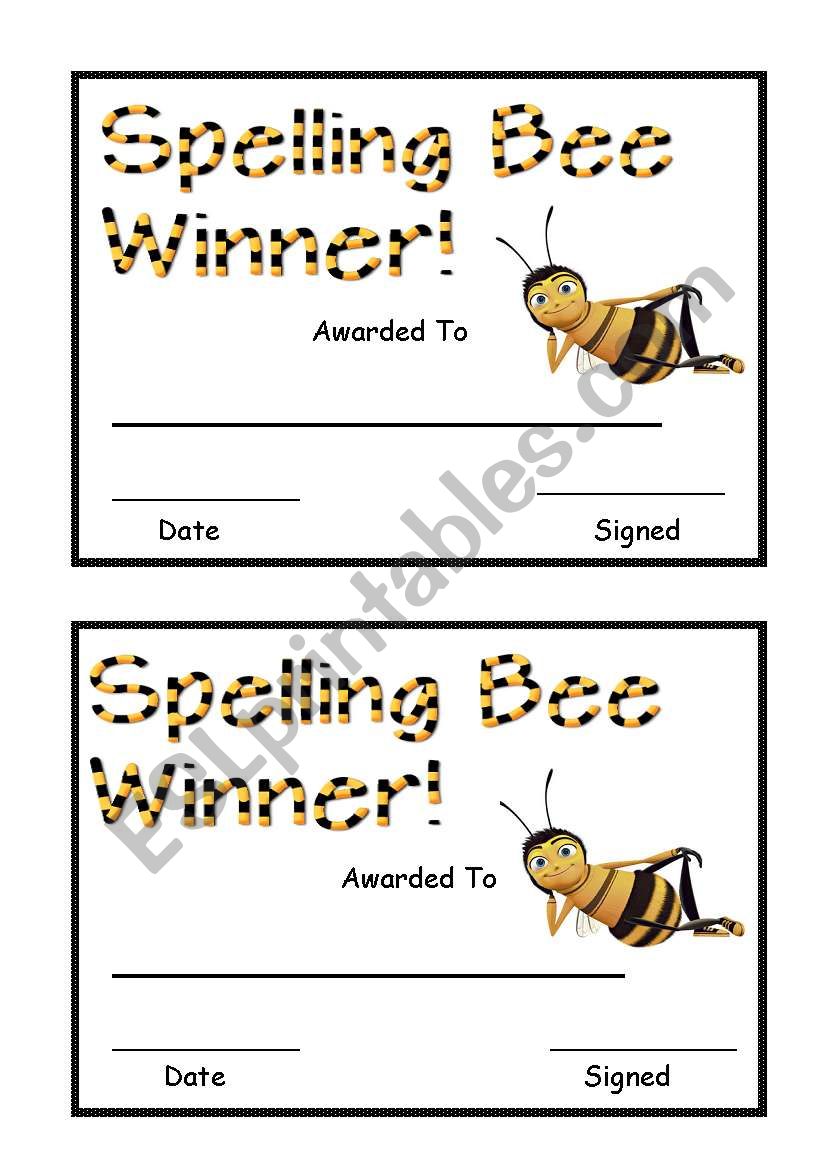 Spelling Bee Award worksheet