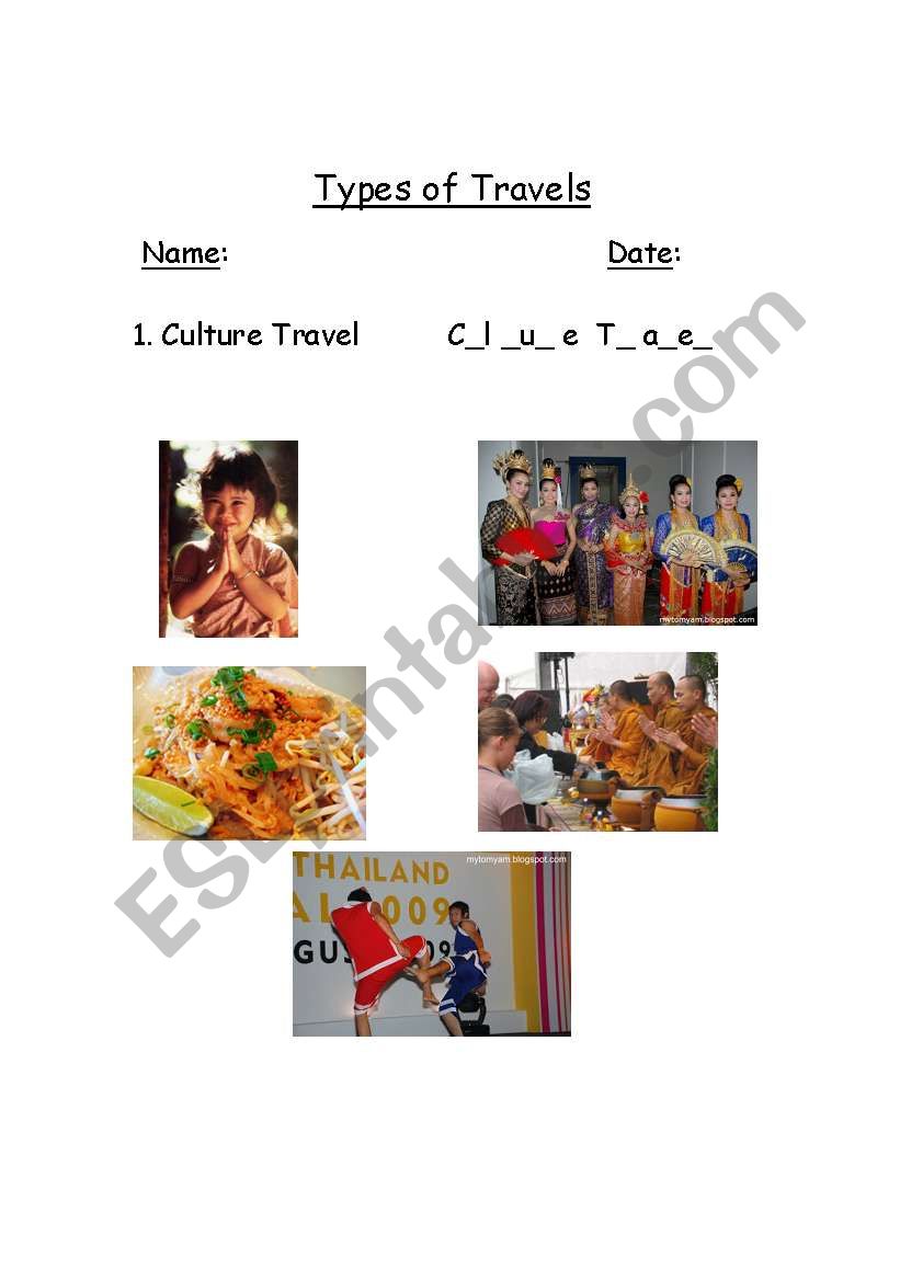 Types of Travels-Tourism worksheet