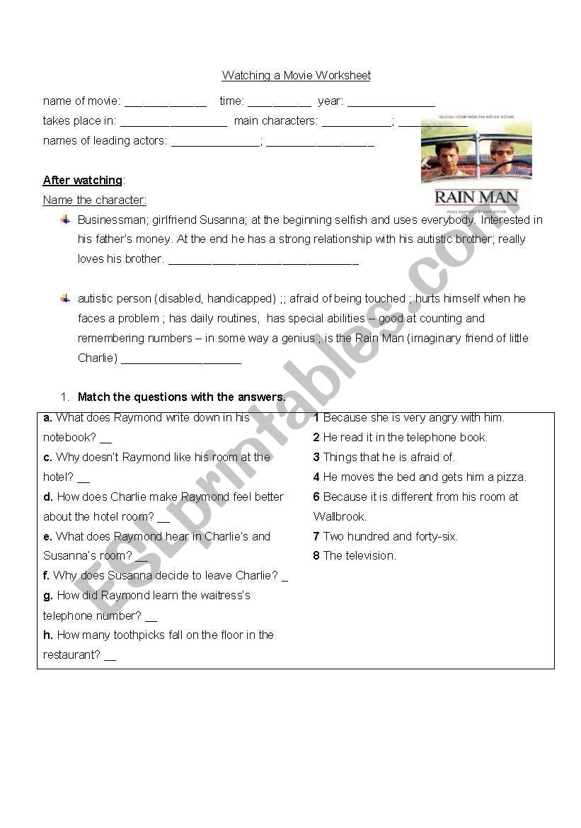 Rainman- movie task worksheet