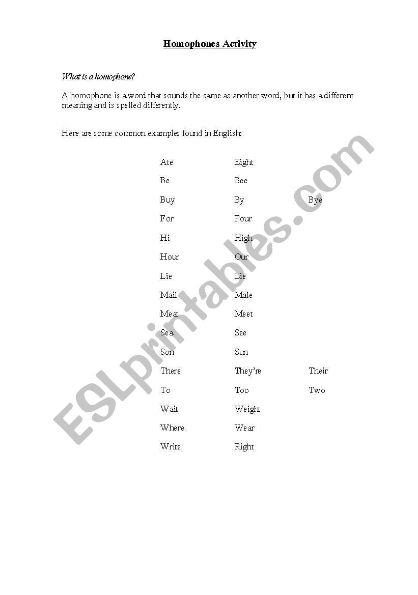 Homophones Activity worksheet
