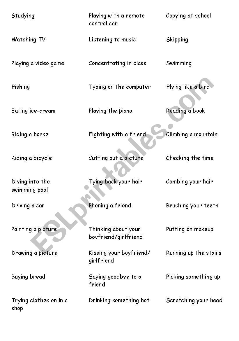 Actions Mime Game worksheet