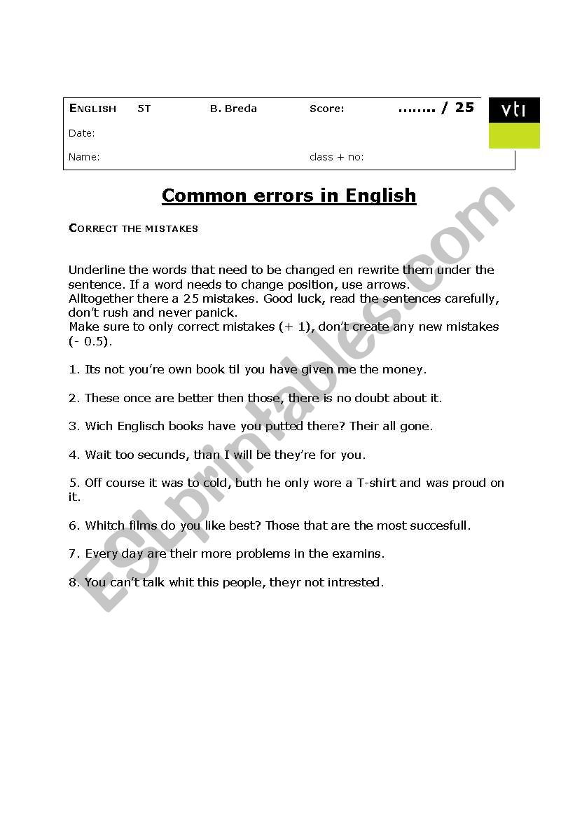 common errors worksheet