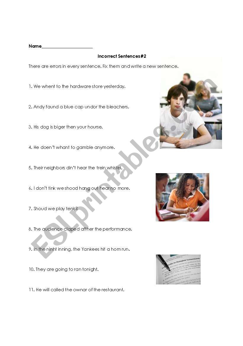 Incorrect Sentences Worksheet