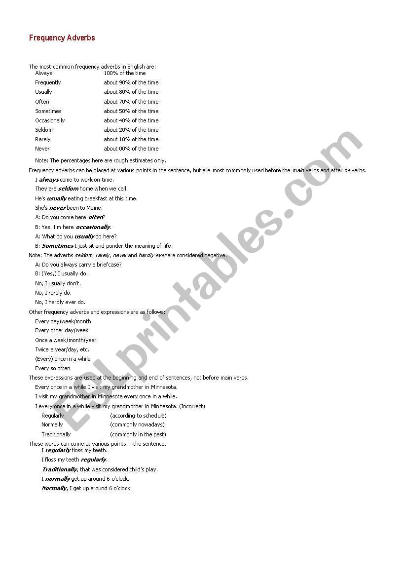 Adverb of Frequency worksheet