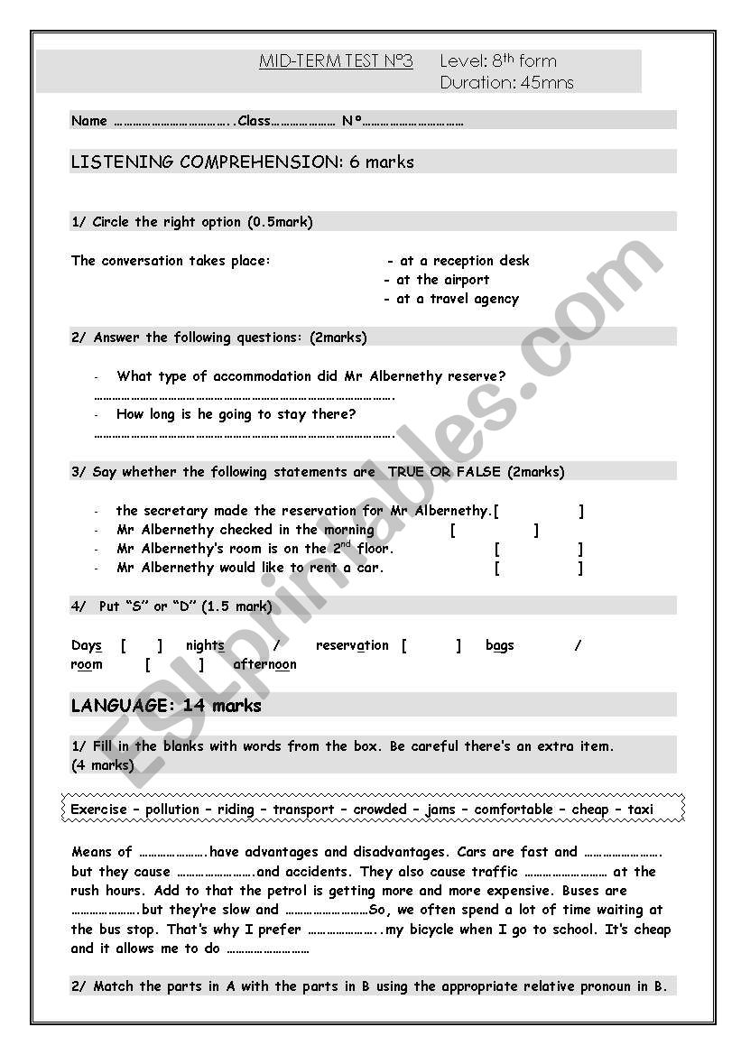 mid-term test n°3 (8th form) worksheet