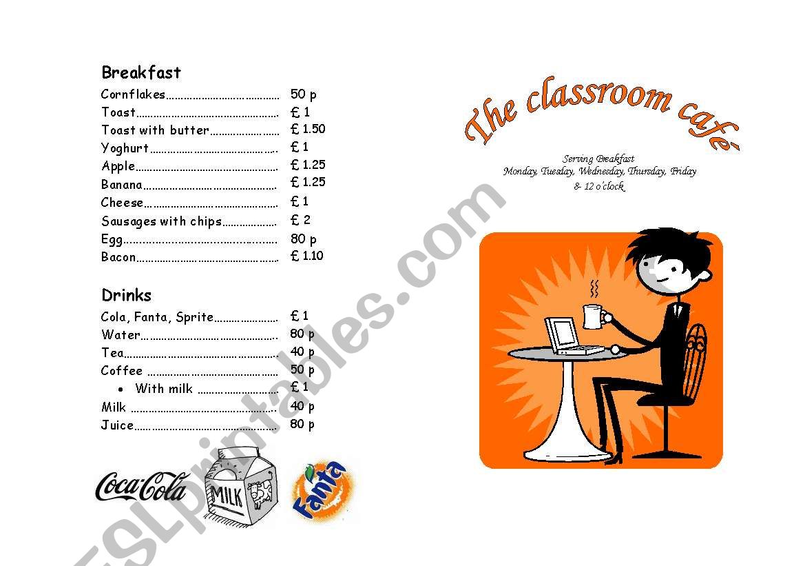 Menu: The classroom cafe worksheet