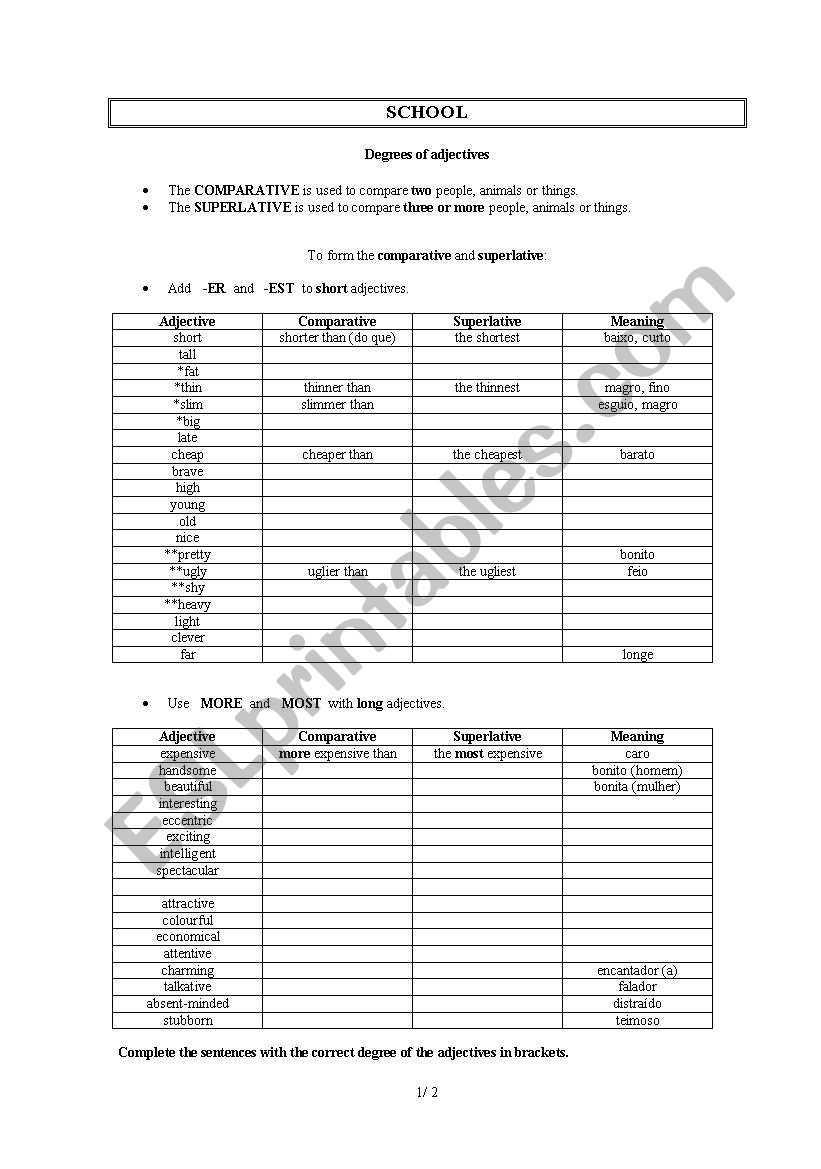 Degrees of adjectives worksheet