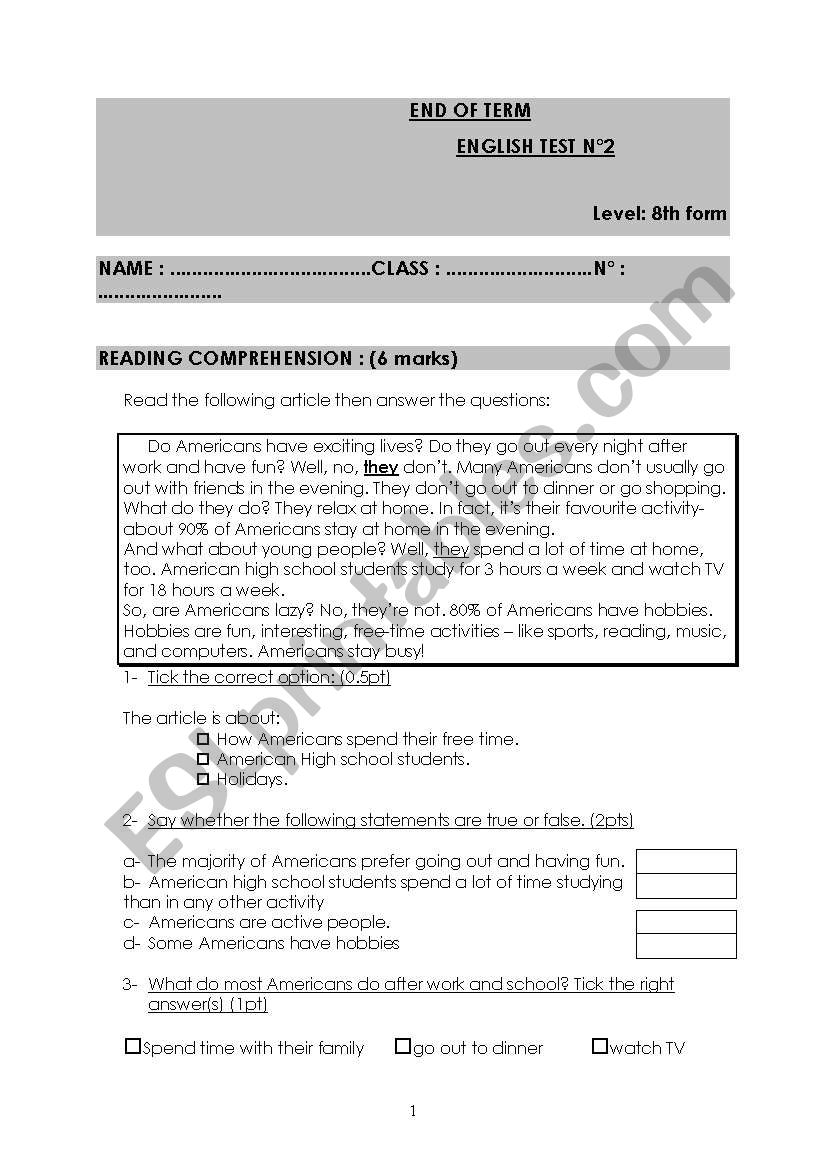 8th form end of term test N2 worksheet