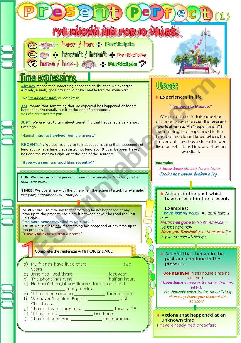 Present Perfect simple, time expressions (yet, already, since, for, ever, never....) Grammar guide + exercises (1) *Editable Present Perfect simple, time expressions (yet, already, since, for, ever, never....) Grammar guide + exercises (1) *Editable