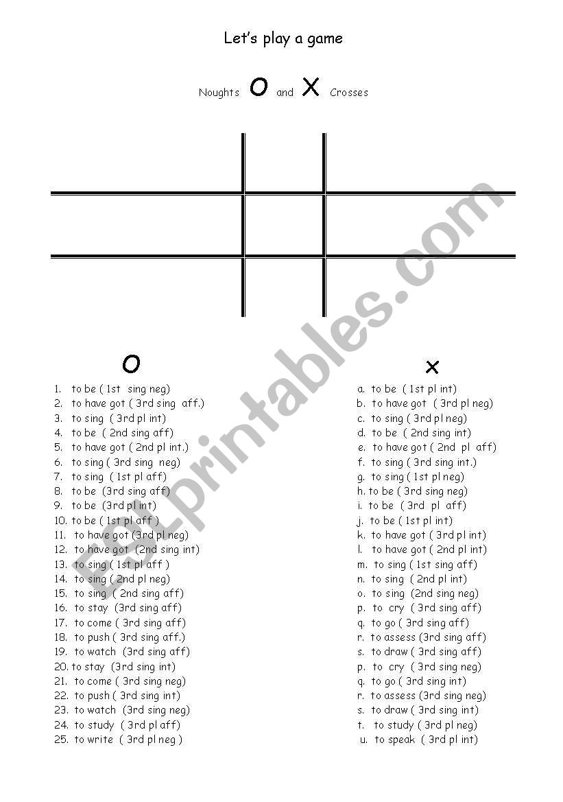 Noughts and crosses worksheet
