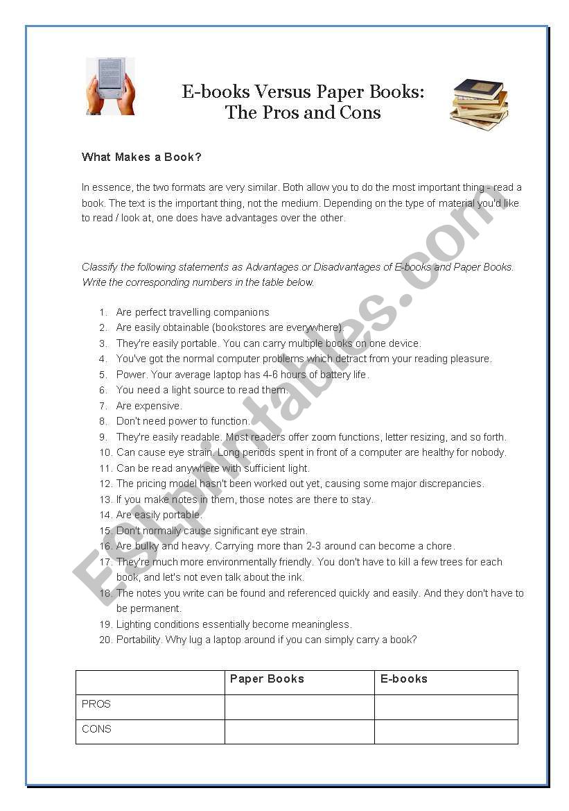 e-books vs paper books worksheet