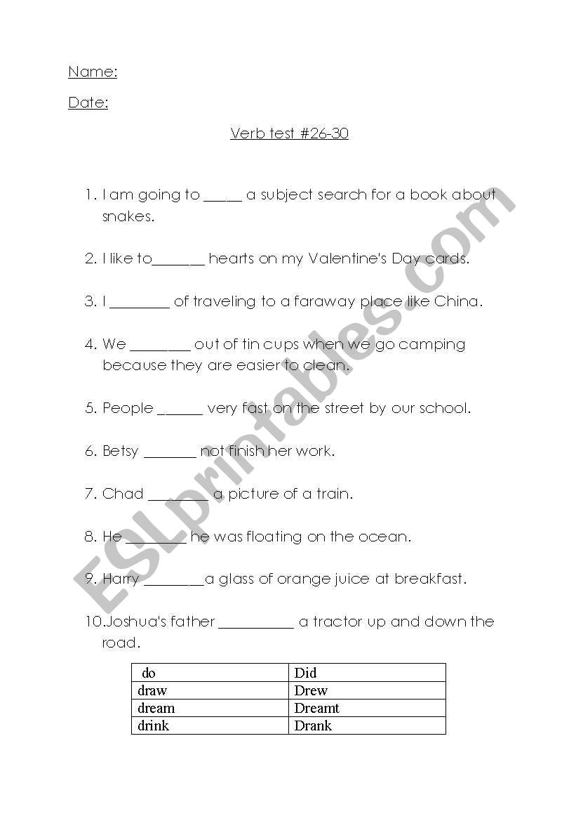 verb test worksheet