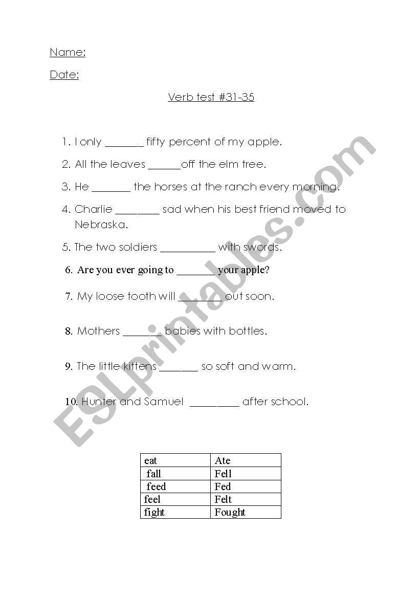 verb test 31-35 worksheet