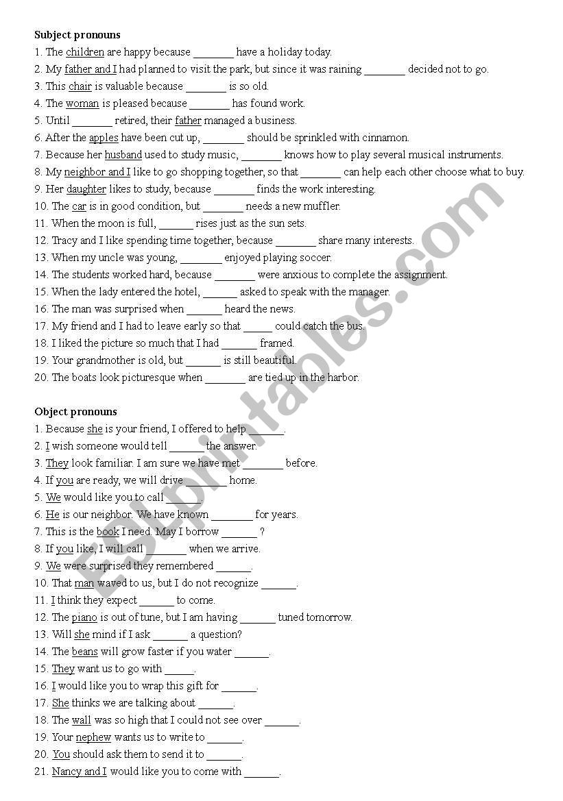 Subject and object pronouns worksheet