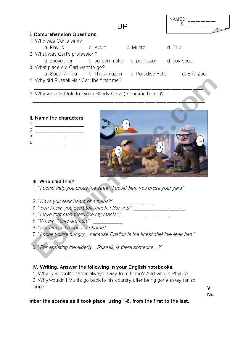 2 Pages - 6 Tasks for Disney-Pixars Up Movie