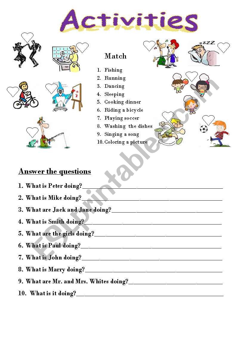 Matching with activities vocabulary and answer the question 
