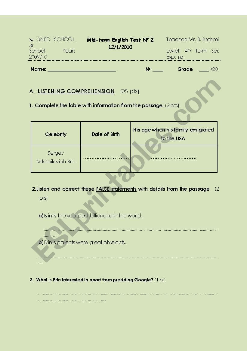 Mid-term English Test Nr 2 (4th form Sci. Exp. 1 & 2)