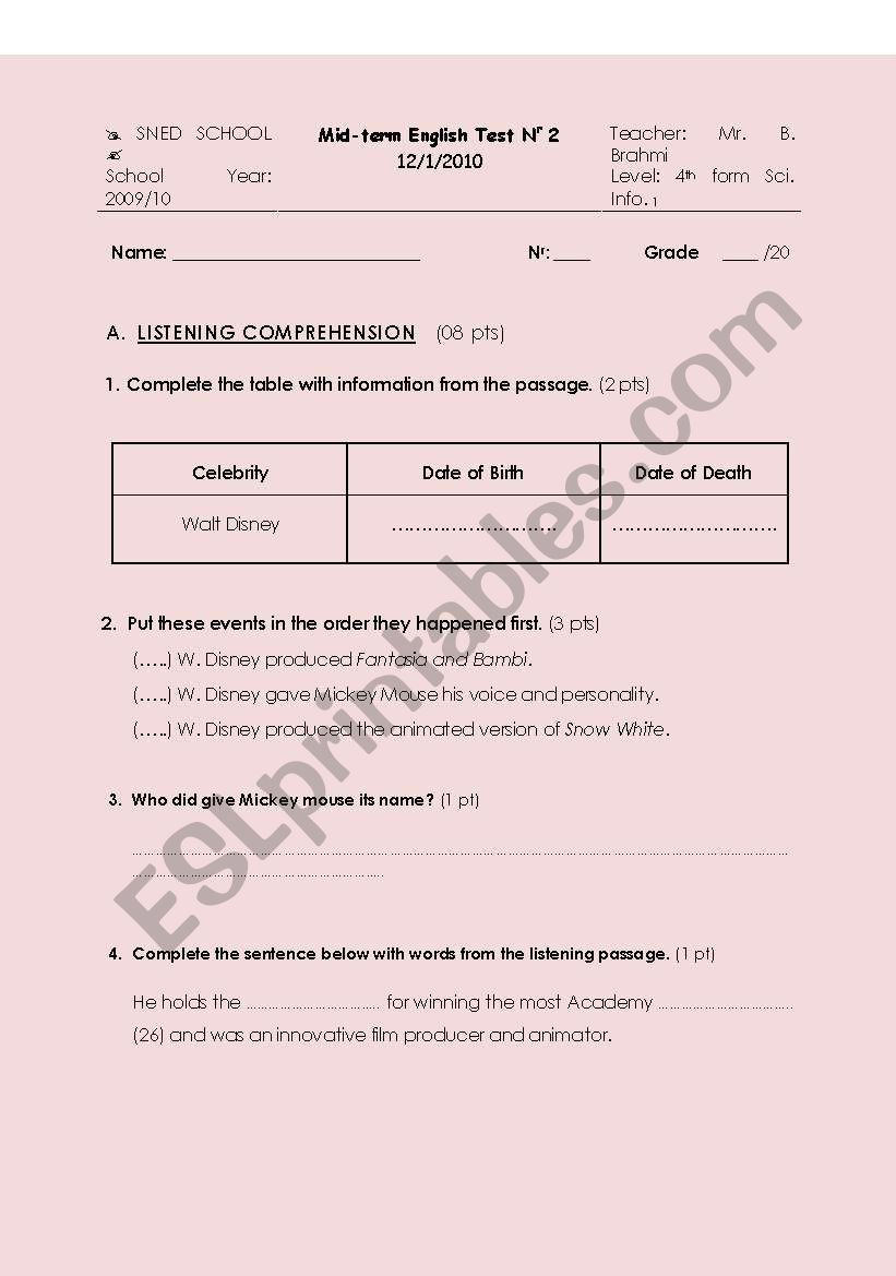 Mid-term English Test Nr 2 (4th form Sci. Info. 1)