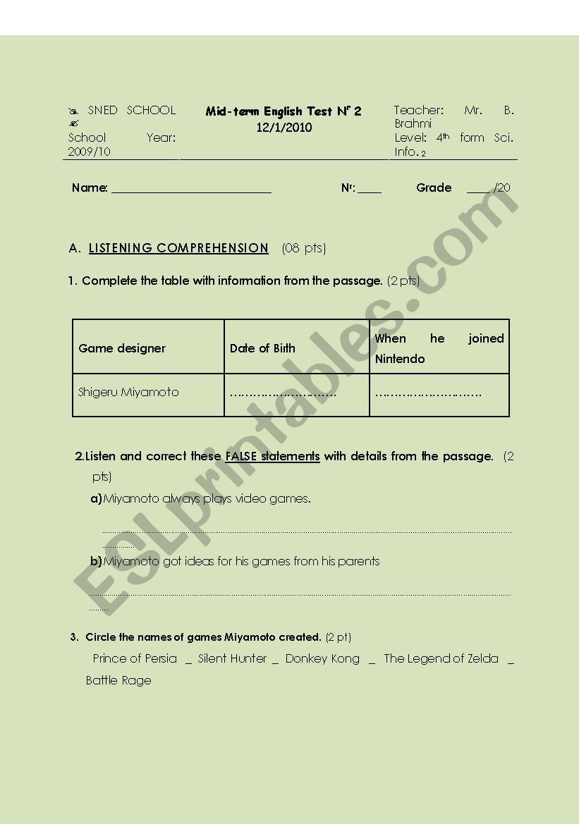 Mid-term English Test Nr 2 (4th form Sci. Info. 2)