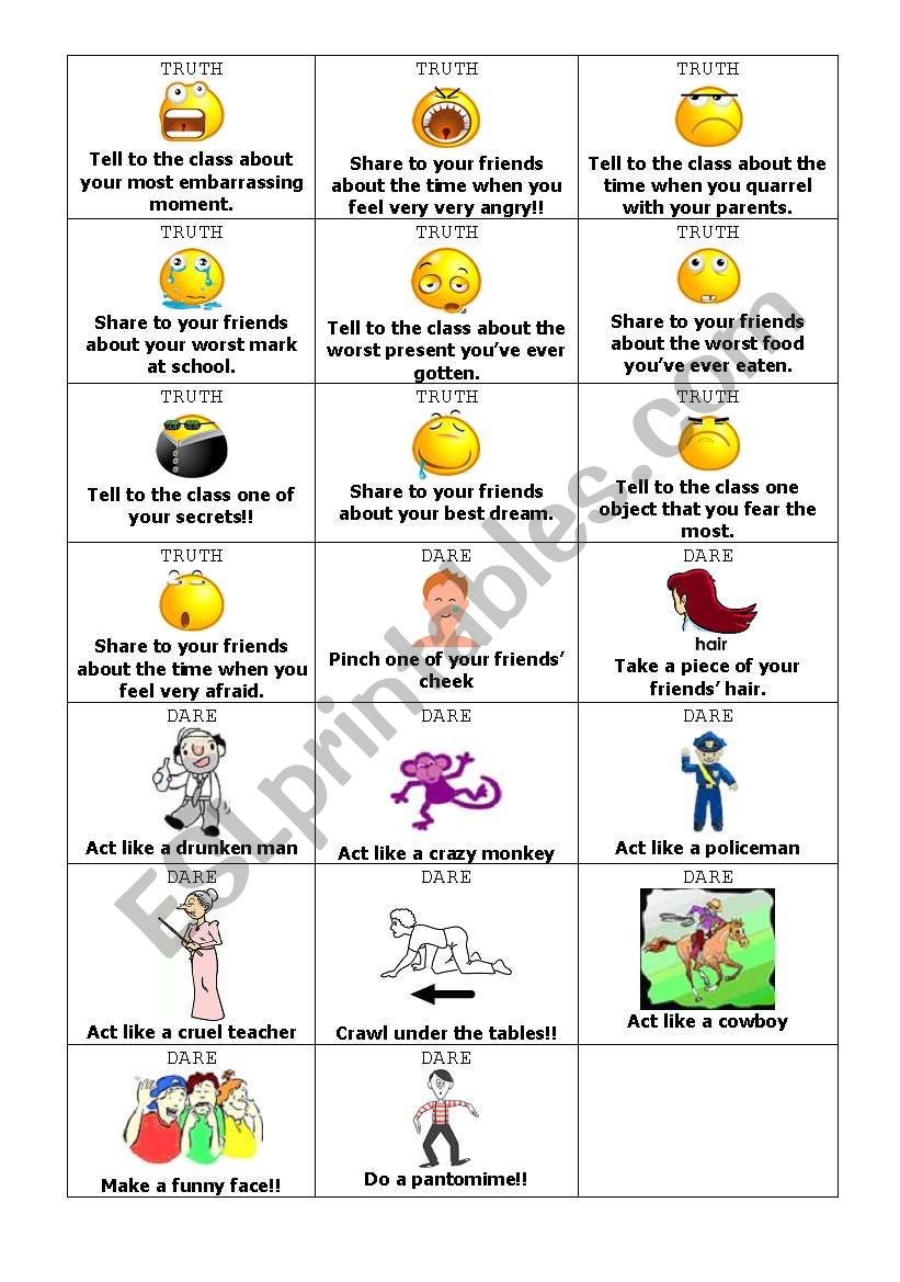 Truth or Dare worksheet