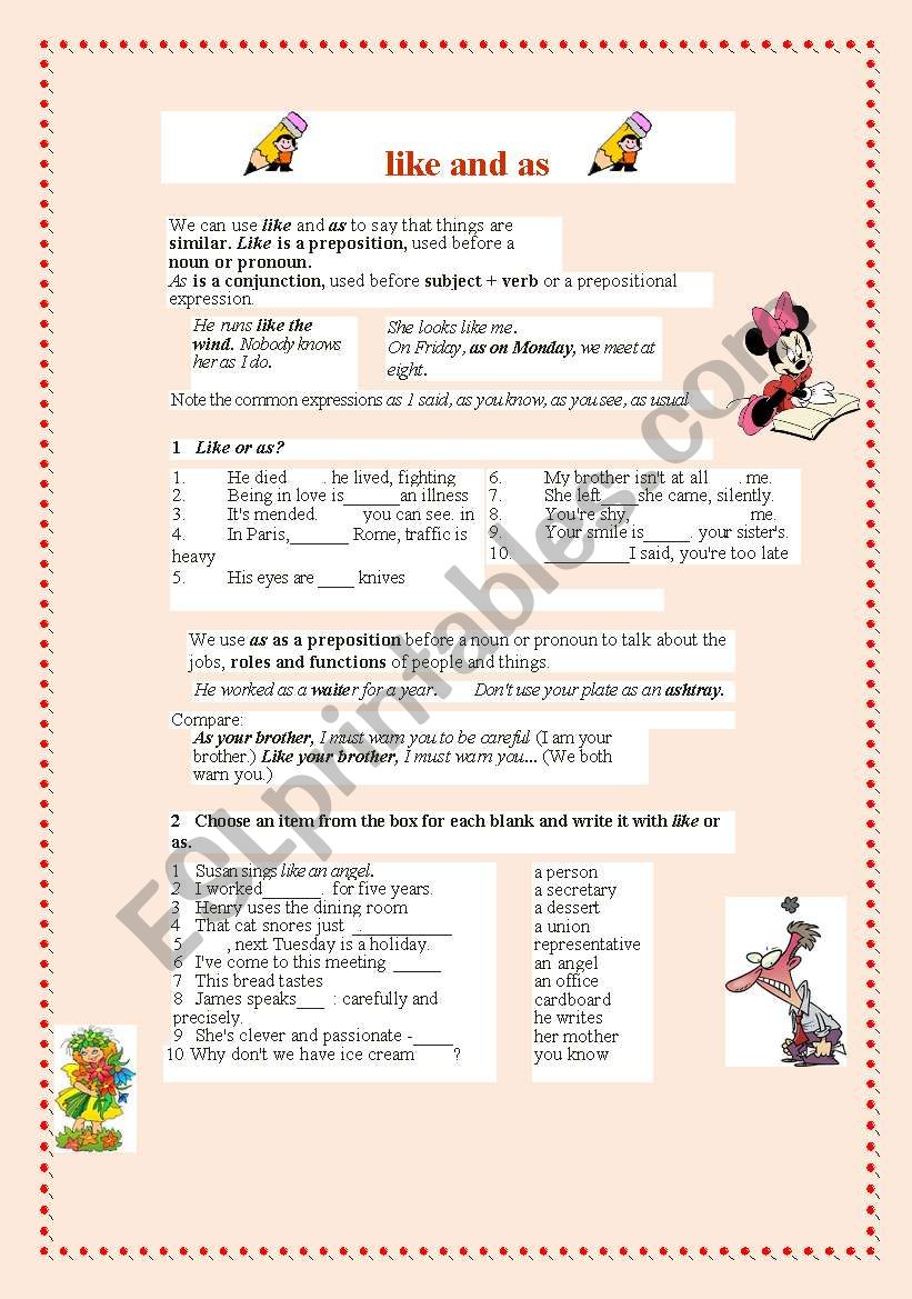 like and as  worksheet