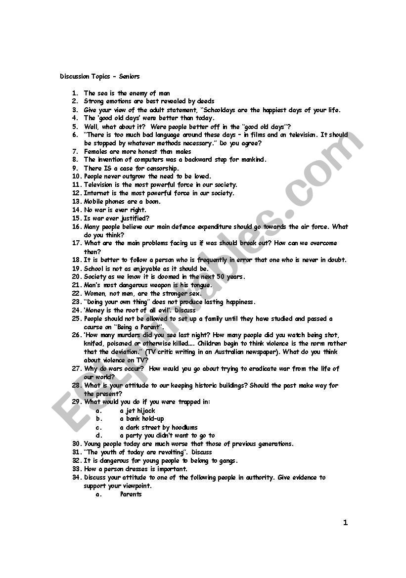 Discussion Topics worksheet