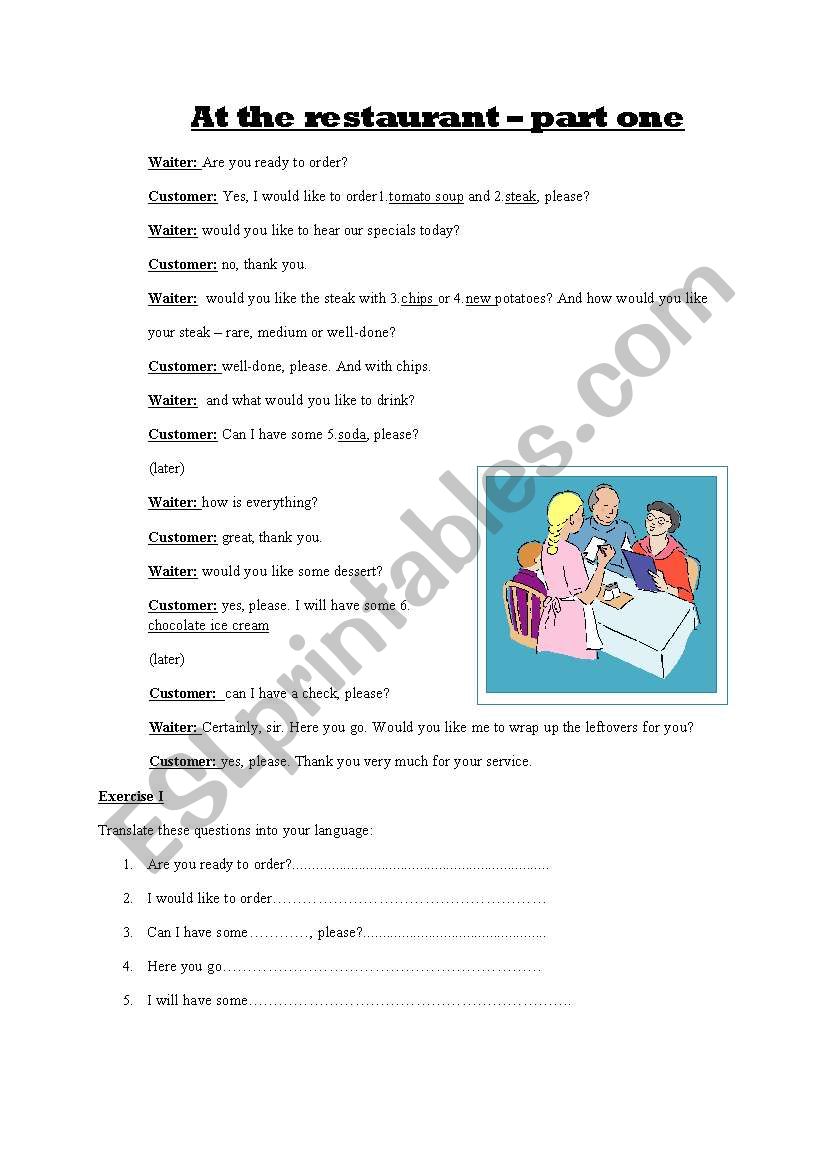 at the restaurant - part one worksheet